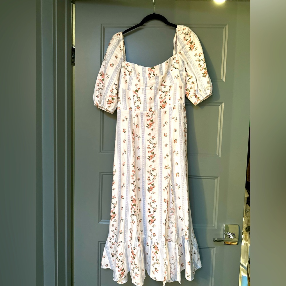Reformation Surrey dress Women’s White Floral Midi Dress with Puff Sleeves